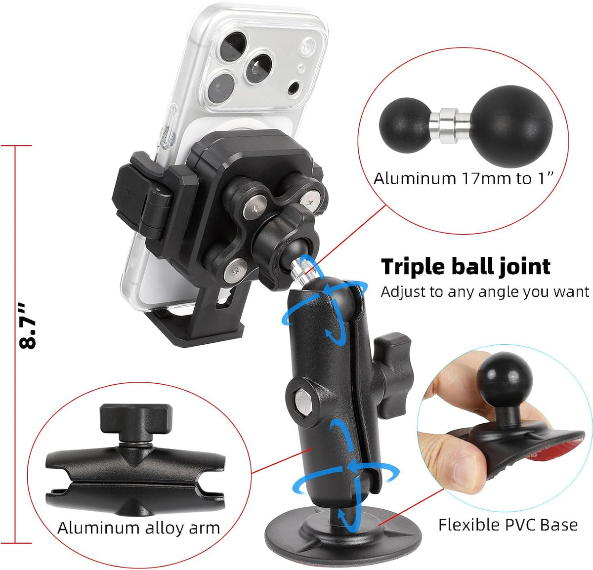 Dashboard Phone Holder for Car, Truck, Boat - Vibration Dampener [Camera Friendly] [1s Lock & Release] [Aluminum Medium Arm], Flex Adhesive 1" Ball Base Phone Mount for 4.7-7.2" Smartphones