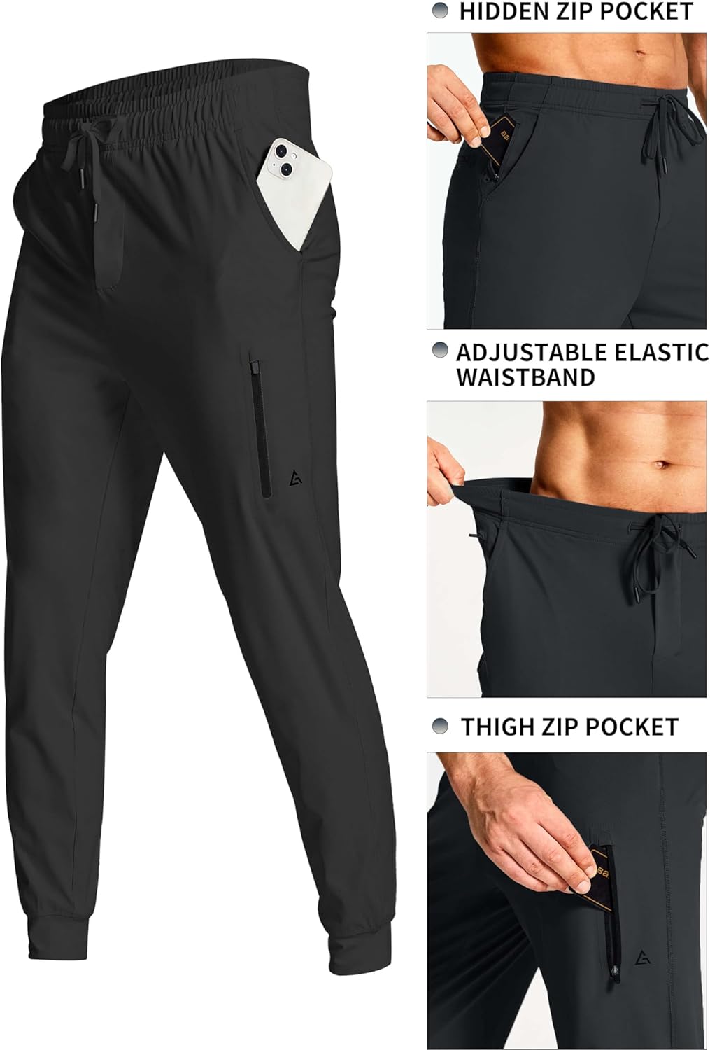 Skiennix Men's Athletic Joggers - Stretch Track Pants with Zipper Pockets for Gym & Running