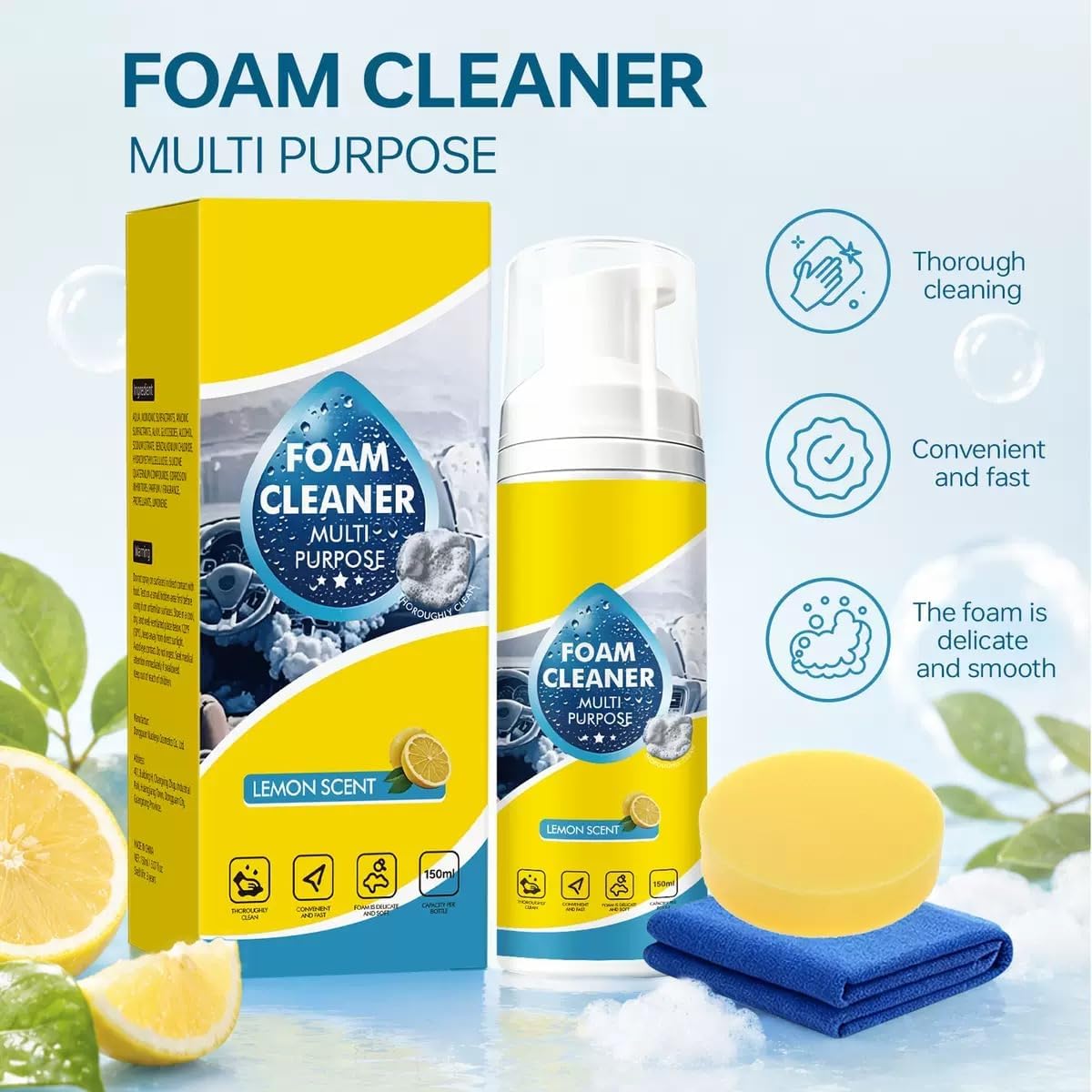 4-in-1 Multi-Enzyme Foam Cleaner, New Foam No-Rinse Multi Purpose Cleaner, Deep Cleaning Spray for Car Interior, Kitchen Grease, Bathroom Tiles, Sofa Upholstery(2PC)