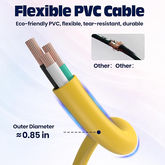 3 ft Heavy Duty Extension Cord Yellow - 12/3 SJTW 15 AMP Indoor Power Cord with 3 Prong Grounded Plug for Lawn Mower, Appliances, Workshop, Christmas Lights Water Resistant Flexible Cable.
