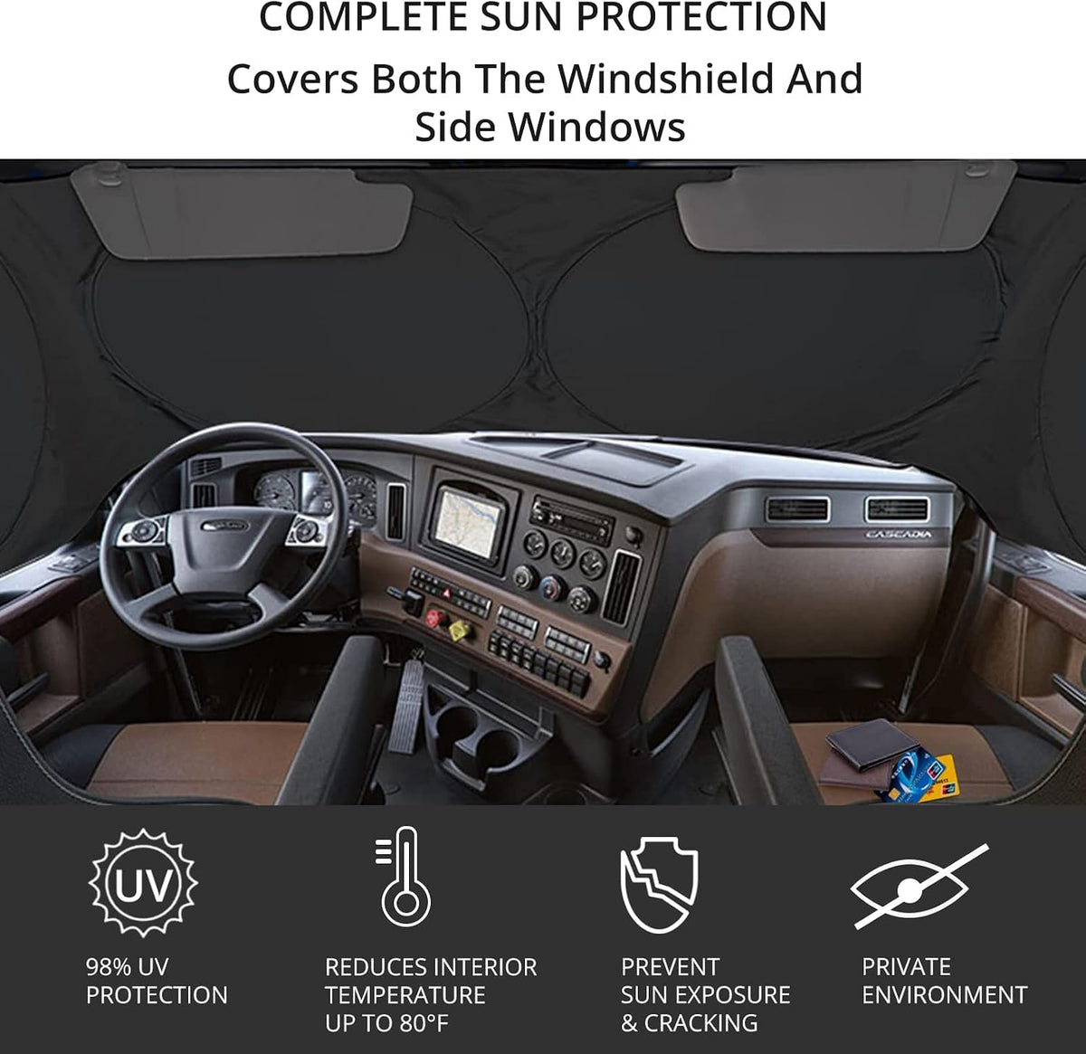 Semi-Truck Sun Shade for Windshield and Side Windows | 300T Sunshade Maximum Coverage | Block Sun Heat Rays |Fits for Semi, Commercial & Big Rig Truck, RV (Side Velcro)…