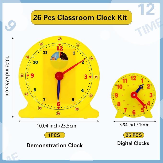 Lenwen 75 Pcs Classroom Clock Kit 24 Hours Learn to Tell Time Teaching Clock Toy