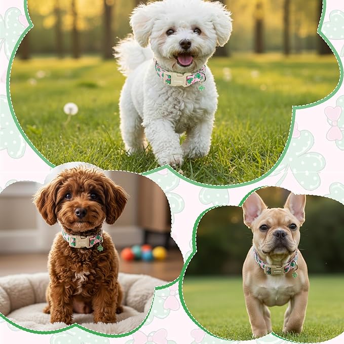 St. Patrick's Day Dog Collar,Pink Bow with Lucky Shamrock Puppy Collar,Adjustable Spring Cotton Collars Gifts for Small Medium Large Dogs,Dog Accessories M