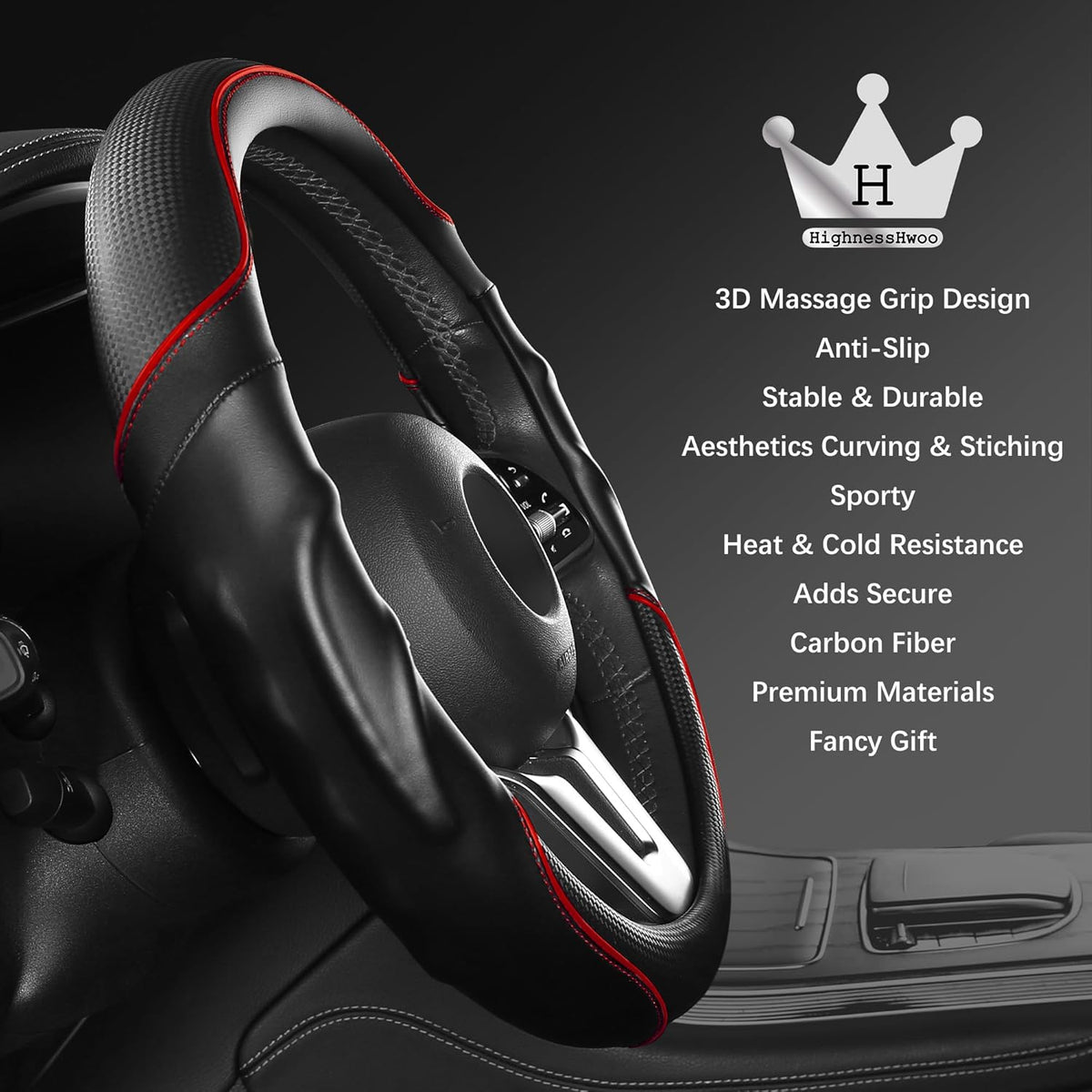 HighnessHwoo 3D Car Steering Wheel Cover Comfort Grip Massage Sporty Anti-Slip Carbon Fiber Faux Leather for Sedan SUV, Universal Fit, Car Handle Covers for All Seasons, 14.75-15.15in, Red