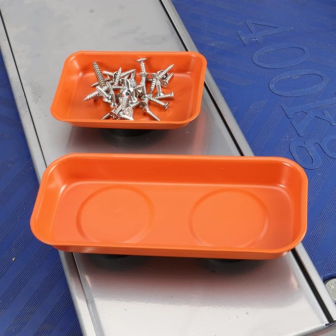 JEUIHAU 12 Packs Magnetic Tray, Stainless Steel Magnetic Parts Tray, Orange Magnetic Tool Tray for Collecting Wrenches, Screws, Bolts, Nuts, Small Parts, 3.6 x 2.4/5.9 x 2.5 Inches