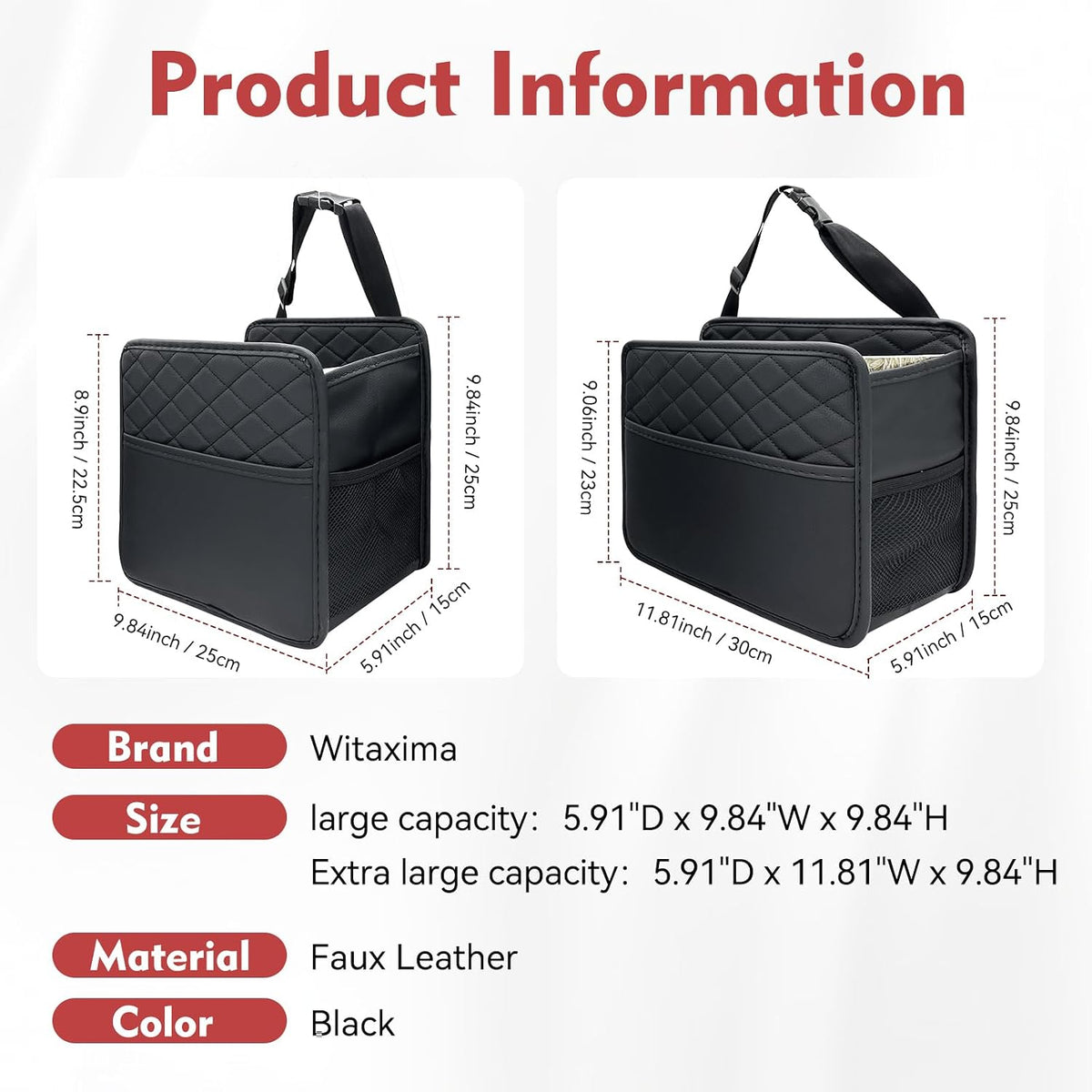 Witaxima Upgraded Extra Large Car Seat Organizer Backseat with 3 Storage Pockets, Multipurpose Car Organizer Hanging Car Trash Bag Can Premium PU Leather Garbage Can 3 Gallon Large Capacity, Black.
