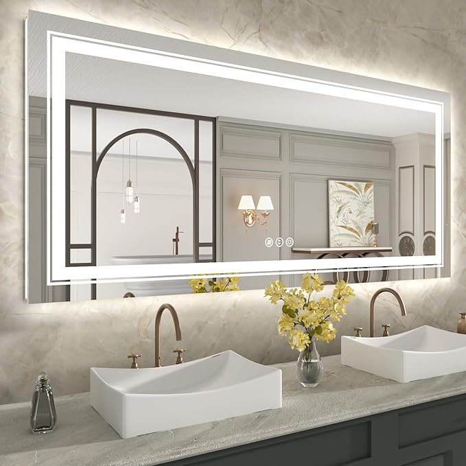 WTTY LED Bathroom Mirror 60"x28" with Back and Front Light,Modern LED Mirror for Bathroom,Stepless Dimmable Lighted Bathroom Vanity Mirror with Anti-Fog,Memory Function,Shatter-Proof