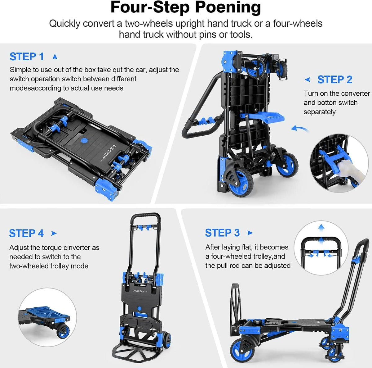 2-in-1 Folding Hand Truck Dolly with Basket, 330LB Load Carrying, Foldable Dolly with Retractable Handle and 4 Rubber Wheels, Portable Hand Cart for Moving/Travel/Office(Blue Upgrated)