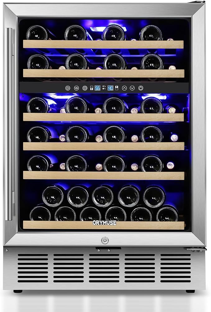 24 Inch Wine Cooler Refrigerator, 52 Bottle Dual Zone Wine Fridge with Stainless Steel Glass Door, Adjustable Shelves, Upgraded Compressor, Built-In Freestanding for Home, Bar, Kitchen