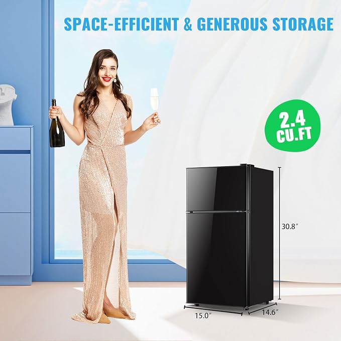 45L Mini Fridge with Freezer & Double Door Small Size Tiny Refrigerator with 7 Temperature Control Knob Only Suitable for One Person Use Black