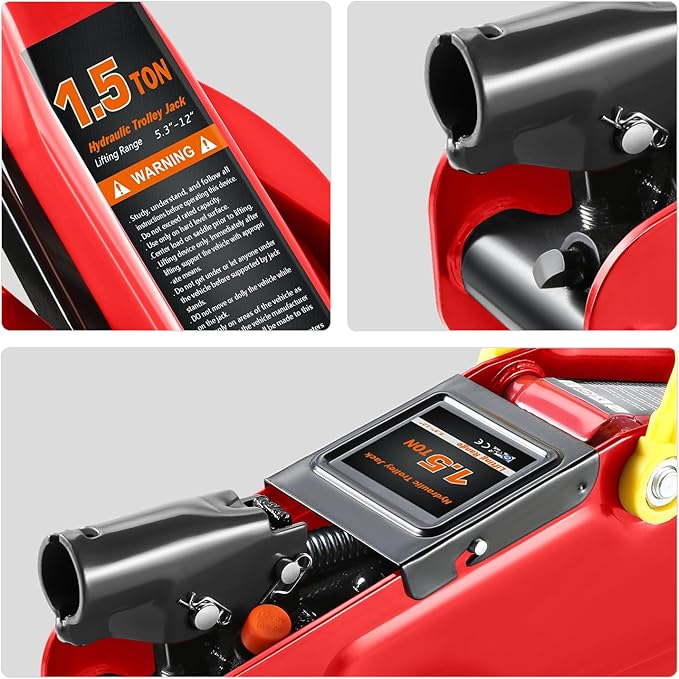 PM PERFORMOTOR Low Profile Hydraulic Trolley Service/Floor Jack, 1.5 Ton (3000 lbs) Capacity, Lifting Range 5.3"-12",Red,PM-TOL-FJ15-RD