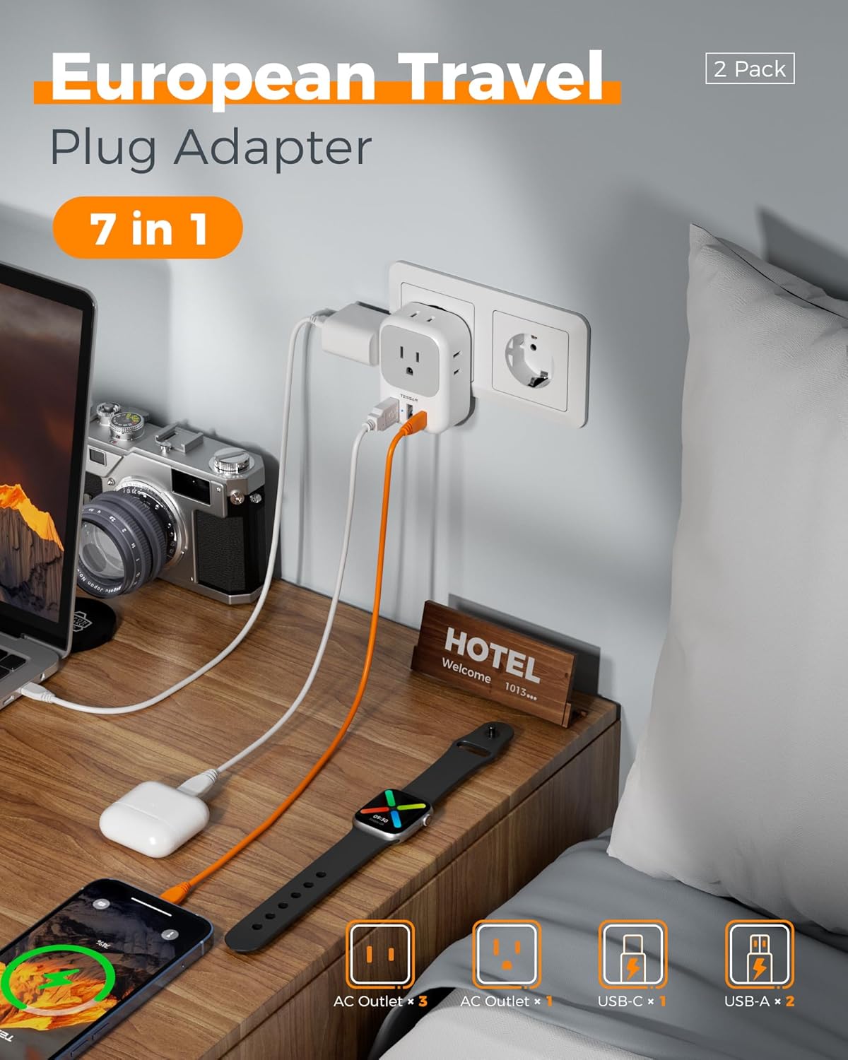 TESSAN European Plug Adapter - 4 Outlets & 3 USB Ports | Type C Travel Charger for Italy, Spain, France, Germany