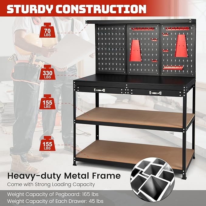 Goplus Work Bench with Storage, 48" x 24" Work Table with Pegboard, 2 Drawers, Hanging Accessories, Topping Space, 4-Tier Heavy Duty Metal Tool Storage Bench, Workbench for Garage, Workshop