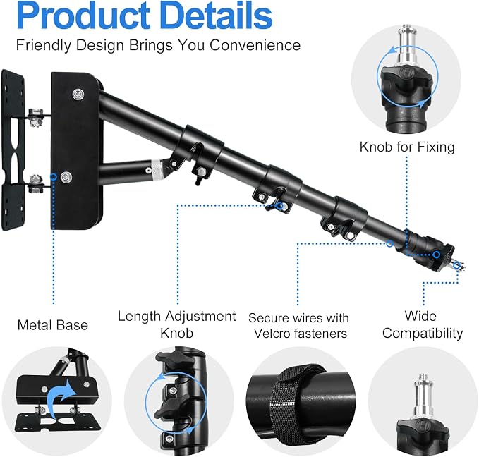 EMART Ring Light Wall Mount Boom Arm, Adjustable 42in/106cm Mounted Overhead