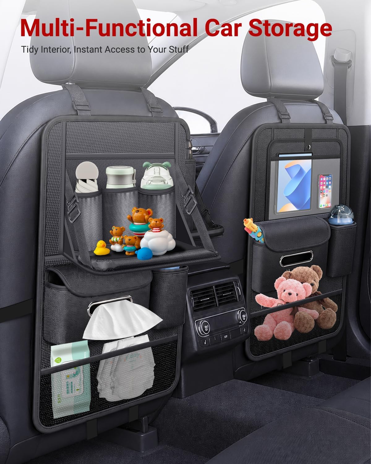 1pc Car Back Seat Organizer with Foldable Table Tray, 8 Storage Pockets & Tablet Holder, Kick Mat Back Seat Protector Cover for Kids, Road Trip Travel Accessories - Black
