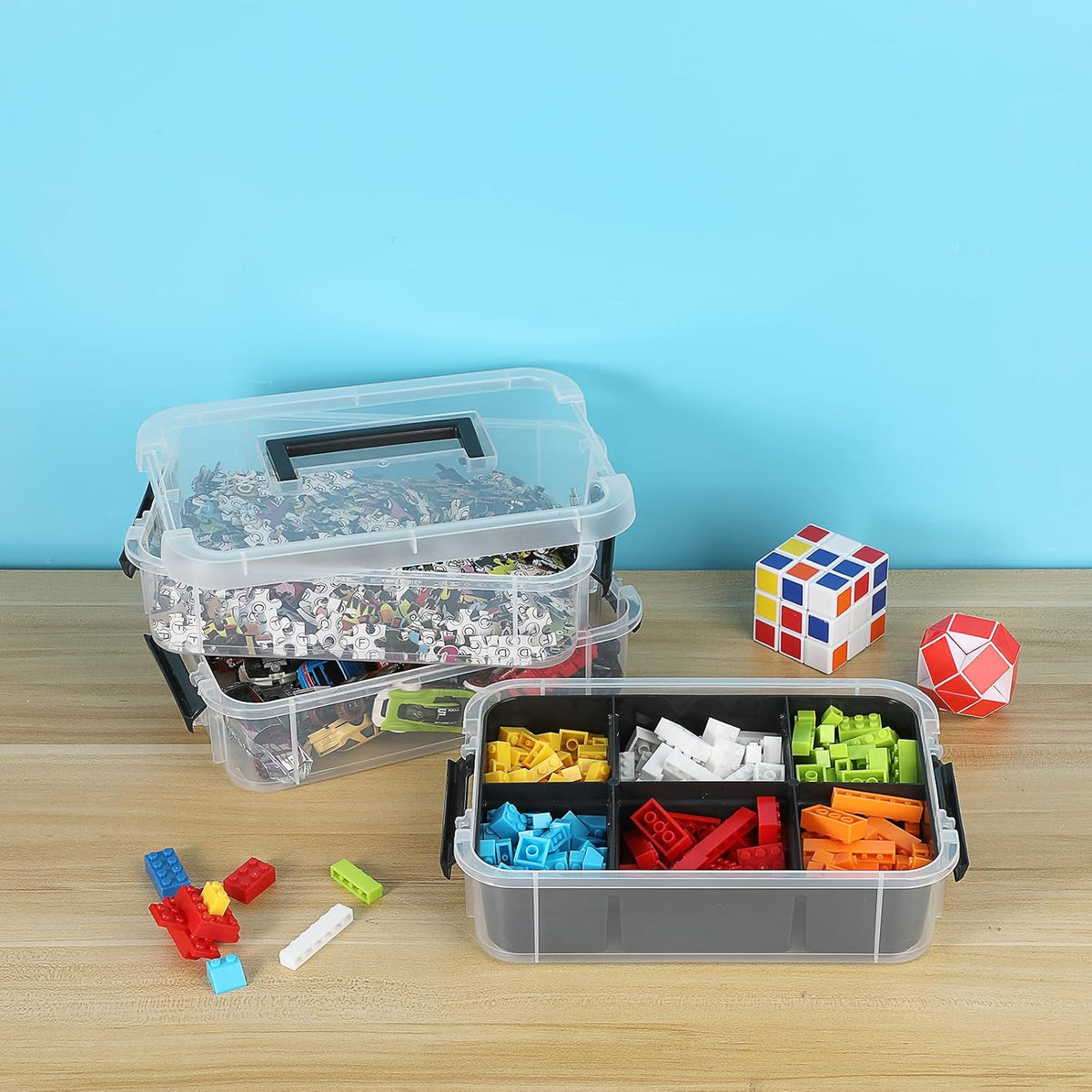 JUXYES 3-Tiers Plastic Stack Carry Storage Containers Box wih Handle Lids | 2 Pack Clear Stackable Craft Organizers and Storage Bin with Tray for Organizing Stationery, Sewing, Art Craft, DIY Supplies