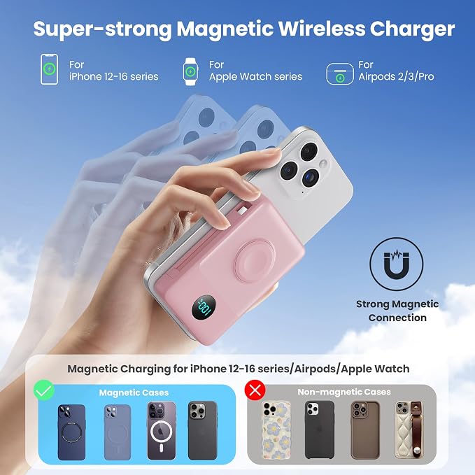 Magnetic Portable Charger for MagSafe with Built-in Cable,iWatch Charger,10800mAh Wireless Power Bank Travel Essentials,25W PD Fast Charging Battery Pack for iPhone 17/16/15/14/13/12,Apple Watch-Pink
