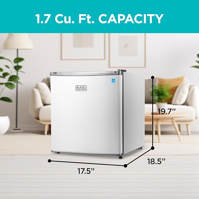 BLACK+DECKER 1.7 Cu. Ft. Compact Refrigerator, Energy Star, BCRK17W, White | Energy Star Certified, Single Door Mini Fridge with Chiller Compartment, Personal Fridge for Home or Dorm, R600a Refrigerant