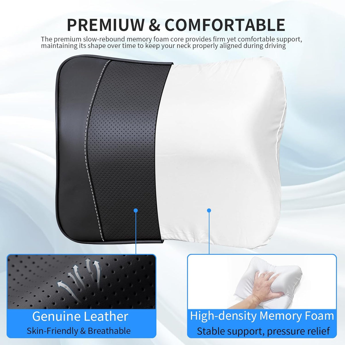 Genuine Leather Car Neck Pillow for Tesla Model 3/Y/S/X, Lumbar Support, Black