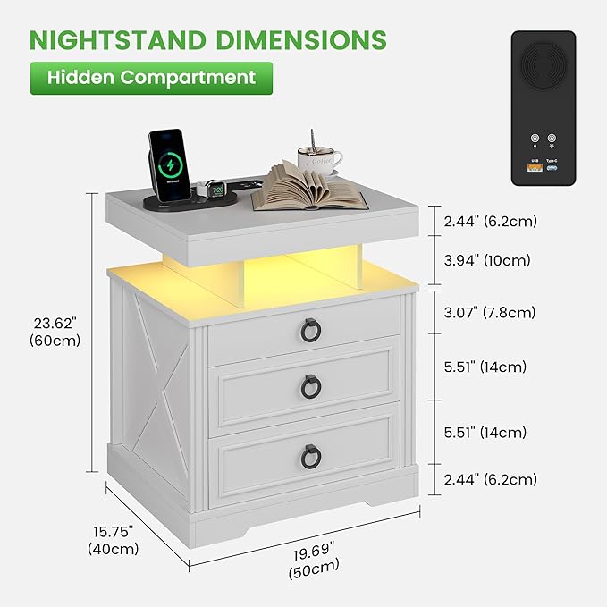 HNEBC Night Stand Set 2 with Gun Drawers, Farmhouse Nightstand with Charging Station, Secret Bedside tabel with 3 Color Auto Light, Smart End Table with Hidden Storage for Bedroom Furniture-White