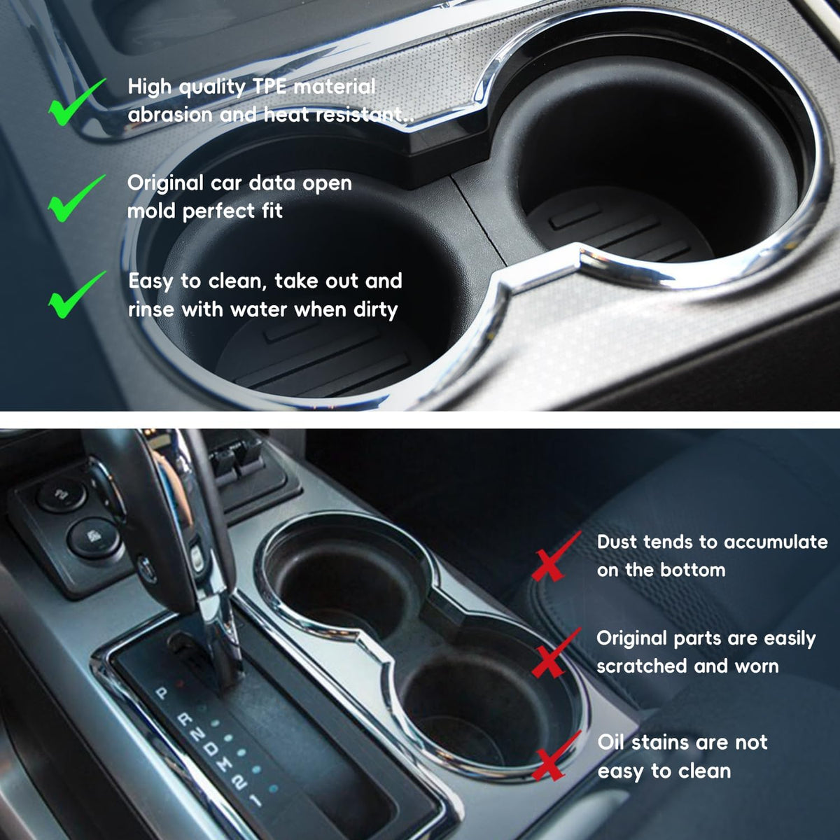 Front Console Cup Holder Inserts Replacement Compatible with Ford F150 2009-2014 with Flow Through Console 9L3Z-1513562-CB (2pcs)