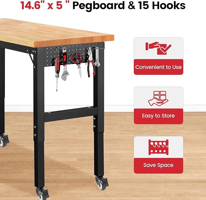 ENJOYWOOD 48" x 20" Heavy Duty Workbench with Wheels, Adjustable Height Garage Work Table with Solid Rubberwood Top, Pegboard & Power Outlets for Workshop, Home & Office