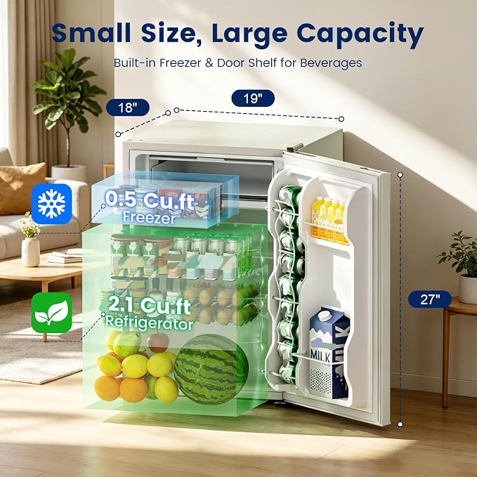 2.6 Cu Ft Small Fridge with Freezer for Office Cream White | Mini Refrigerator for Dorm Bedroom, Compact Fridge, Energy-efficient, Low Noise
