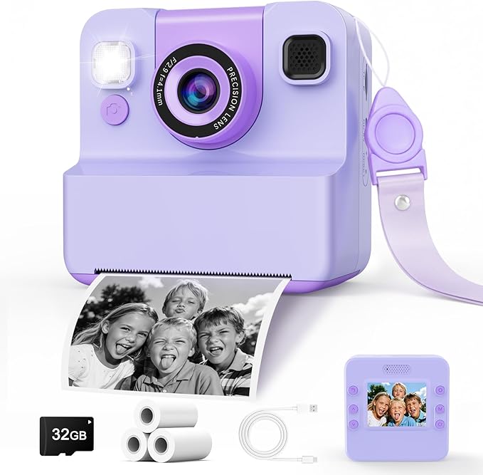 Kids Camera Instant Print with Flip Lens, 1080P HD Video Inkless Toddler