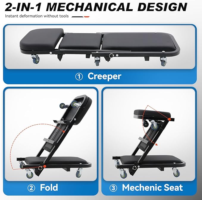 POLARBEAR Mechanic Creeper 40" Z Creeper Seat, 2 in 1 Rolling Folding Car Stool, Automotive Chair with 6 Mute Swivel Casters, Under Car Auto Repair for Man Gift 500 lbs Capacity Black