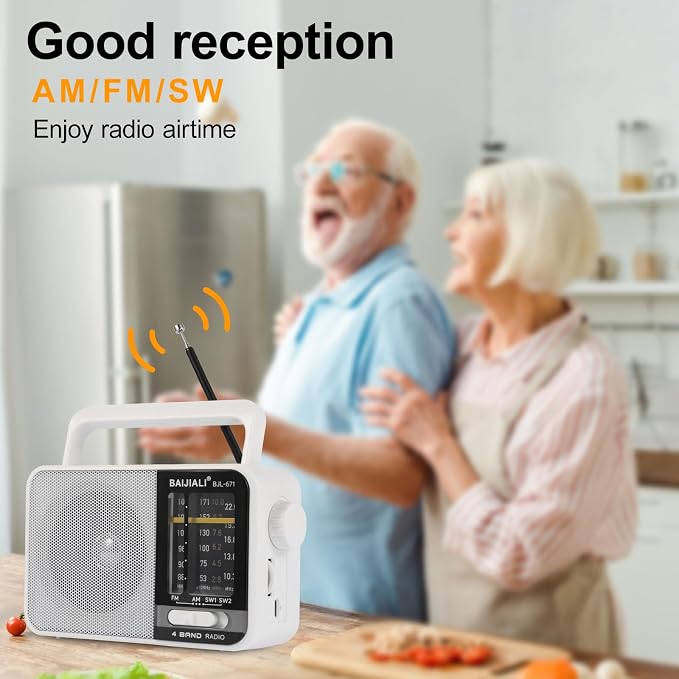 BAIJIALI AM FM SW Portable Radio - Dual Power (Battery/USB) Emergency Receiver with Loudspeaker, Transistor Design for Indoor/Outdoor, Travel & Survival Kit Ready (White, BJL-671)