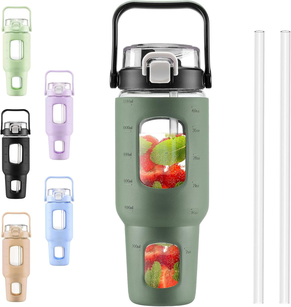 BLUEGO 40 oz Glass Water Bottles with Straw Time Marker, Glass Tumbler with Handle Top Lids, Easy to Clean, Fits in Car Cup Holder, Leakproof Jug for Gym, Sports, Workout & Daily, Amber