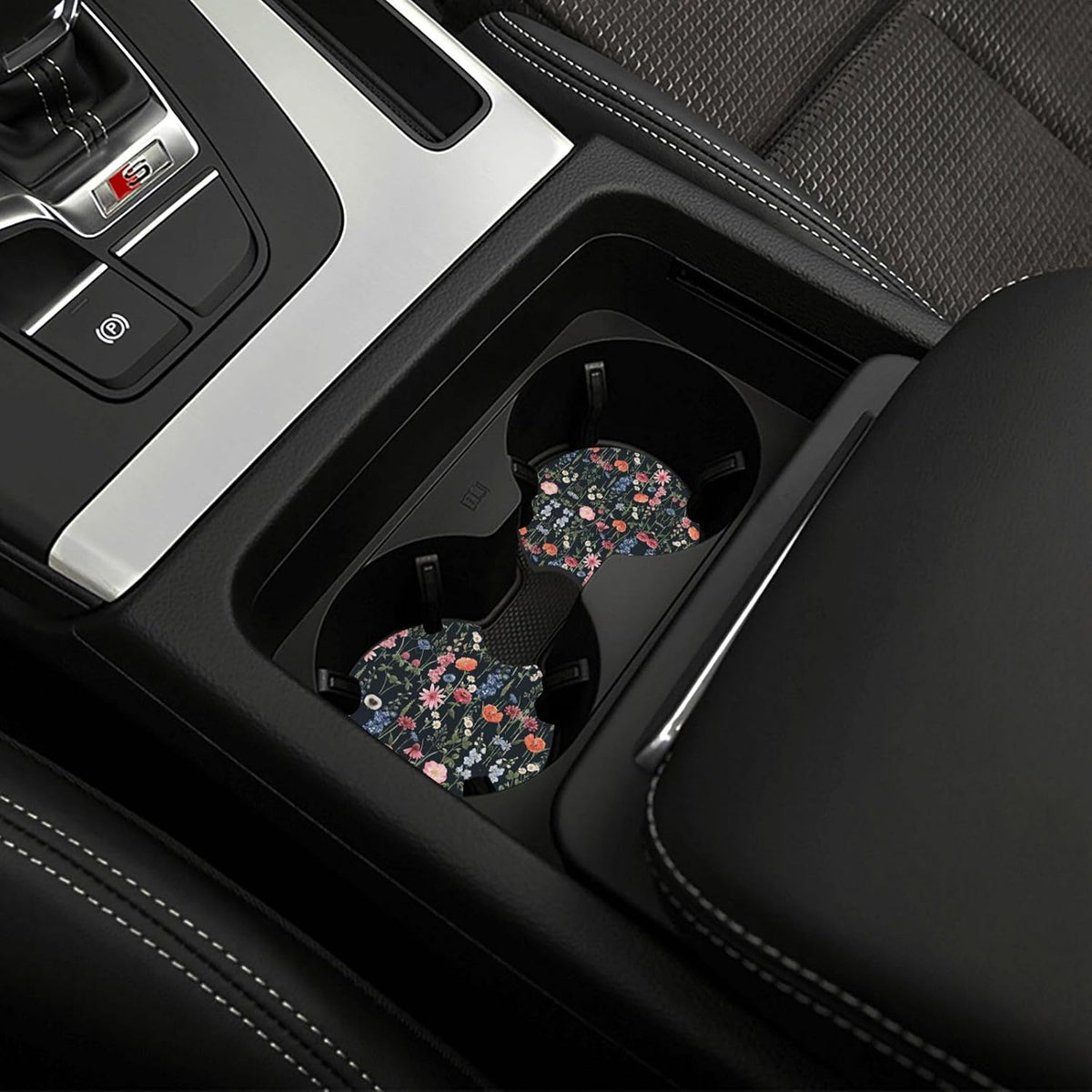Wildflower Car Steering Wheel Cover 15 in, 2 Cute Floral Car Coasters