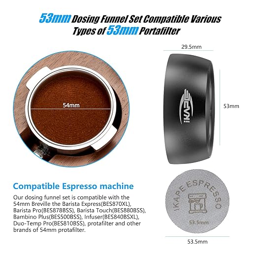 IKAPE Dosing Funnel Set Black, 53mm Espresso Dosing Ring & Puck Screen Kit Compatible with 53 mm Bottomless Portafilter