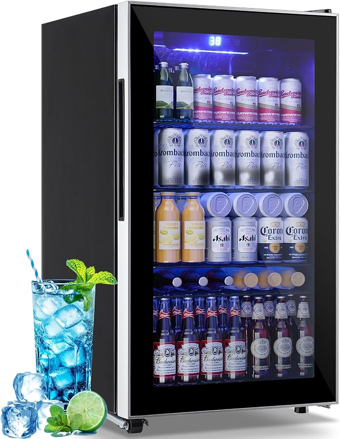 3.5 Cu.ft Beverage Refrigerator Cooler with 125 Can, Mini Fridge with LED Light for Soda Beer or Cans Beverage Temp Digital Display Adjustable Shelves Suit for Home, Office, Dorm