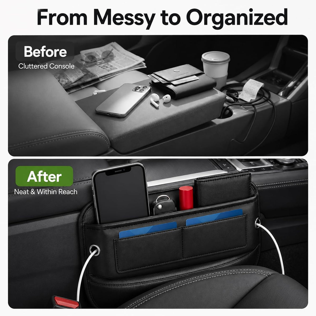 Car Seat Gap Filler Organizer, Front Seat Organizer with Card Slots, Black
