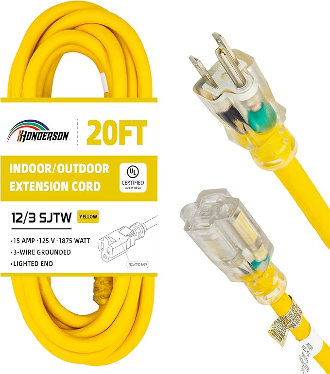 Indoor Outdoor Extension Cord Weatherproof with Lighted End, UL Listed, 12 Gauge 20FT Yellow 3 Prong Heavy Duty, 12/3 SJTW 15A Power Cord for Outdoor Lights, Lawn