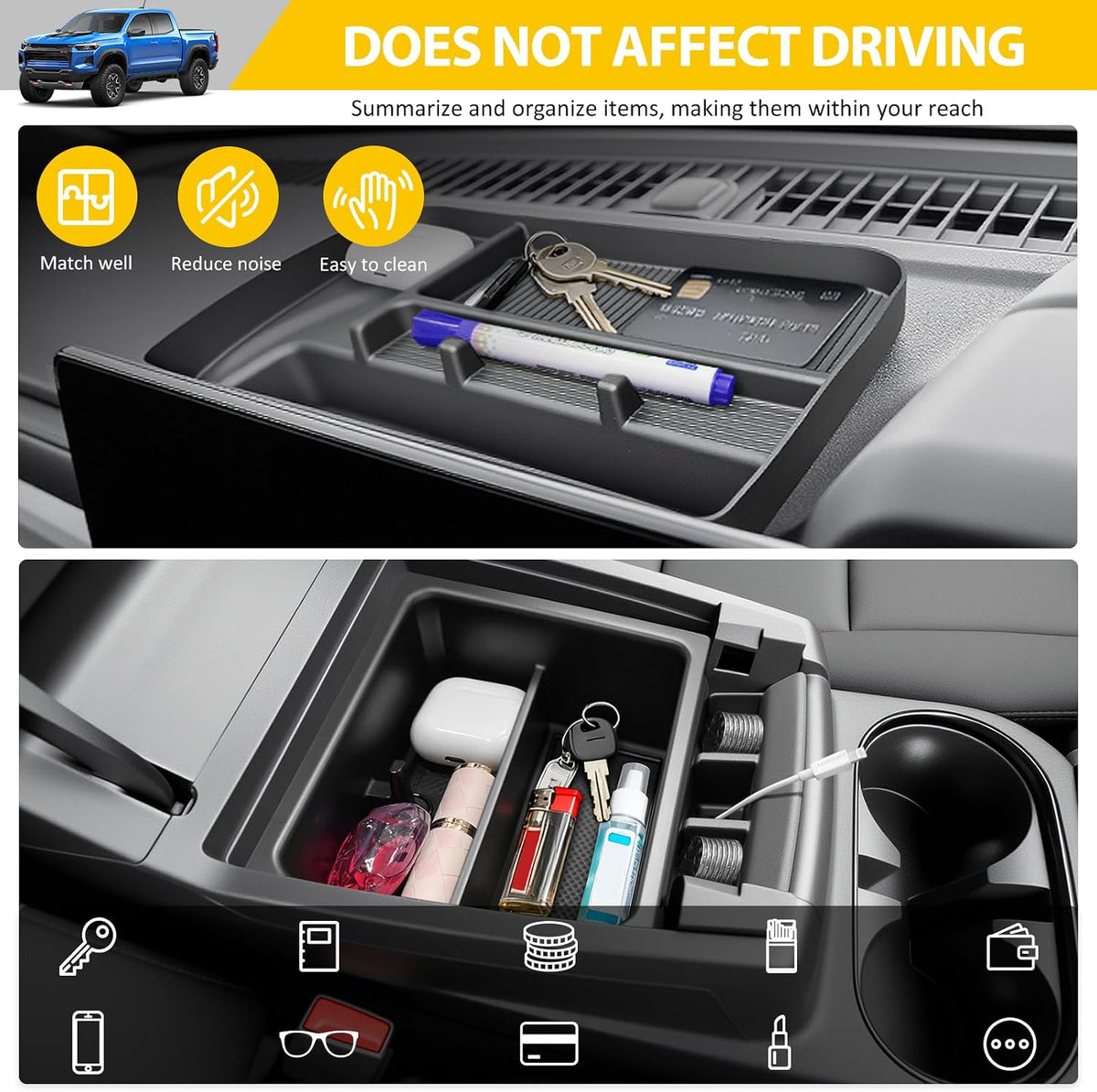 2PCS Center Console Organizer for 2023-2025 Chevy Chevrolet Colorado/GMC Canyon Armrest Tray and Dashboard Insert Storage Box for 2023 2024 2025 Colorado/Canyon Accessories