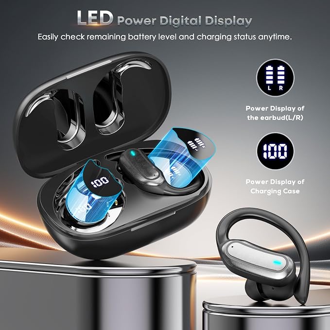 Wireless Earbuds Bluetooth Headphones, 54H Playtime Full Stereo Over Ear Buds with ENC Noise Cancelling, LED Power Display, IPX7 Waterproof Sport Earphones with Earhooks for Running/Workouts Black