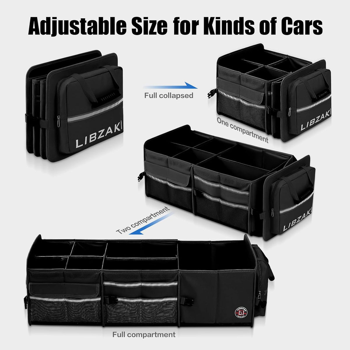 LIBZAKI Oversize 4 in 1 Car Trunk Storage Organizer, Multi Compartment Collapsible Trunk Storage Box with Cooler Bag for Car Truck SUV-Black