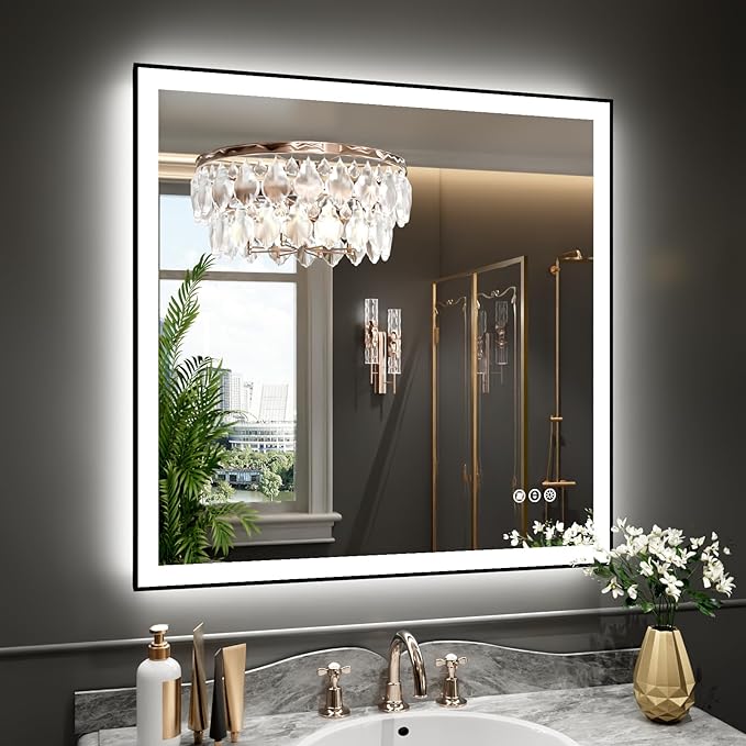 WTTY 36"X36" LED Bathroom Mirror with Black Frame, Bathroom Vanity Mirror with Lights for Wall, Front Light and Backlit, Anti-Fog, Dimmable, 3 Colors, Shatterproof, Memory, Horizontal/Vertical