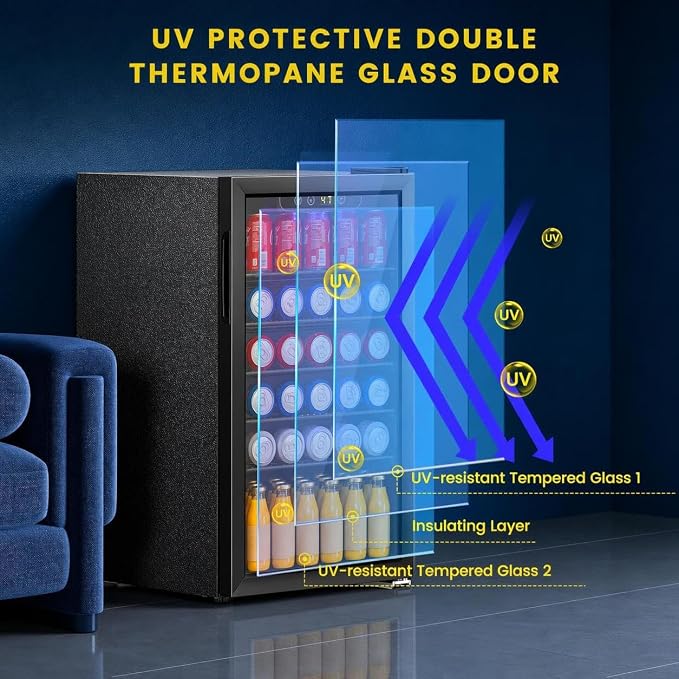 COWSAR Mini Fridge Cooler, 130 Can Beverage Refrigerator with Glass Door, ETL Approved Wine Fridge with Digital Temperature Control, LED Light, Reversible Door for Home, Office, Bar - 3.2 Cu.Ft