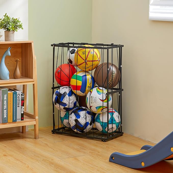 Garage Ball Storage Wall-Mounted & Floor Sports Equipment Organizer: Sports Ball Rack with Elastic Rope, Holder for Basketball, Soccer, Volleyball, Football, Garage, Gym, Black(Patent Pending)