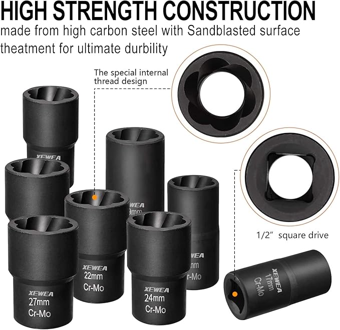 XEWEA 12PCS Lug Nut Remover Set, 1/2-Inch Drive Stripped Wheel Lock Removal Extractor Twist Socket Kit for Removing Damaged, Frozen, Rusted, Studs, Rounded-Off Bolts Nuts Screws