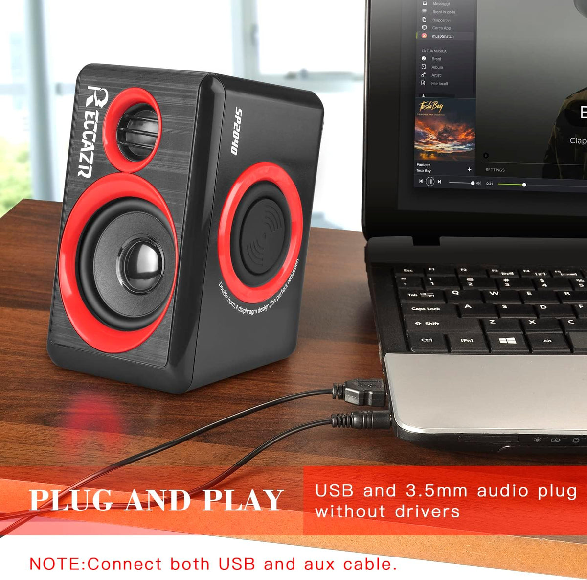 Reccazr SP2040 Computer Speakers - 2.0 CH USB Wired with Deep Bass for Desktop & Laptops | Red