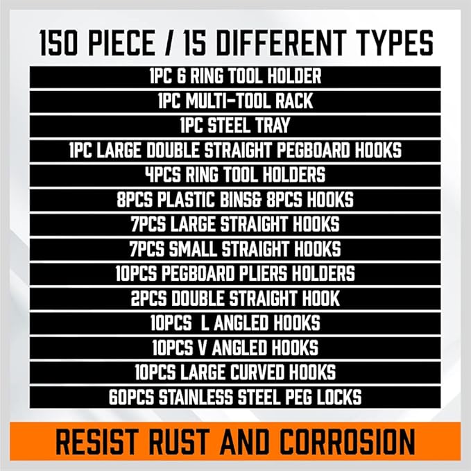 HORUSDY 150 PCS Pegboard Hooks Assortment Kit – 15 Types Heavy Duty Pegboard Accessories with Bins – Fits 1/8 & 1/4 Inch Pegboard Metal Hooks for Garage, Workshop, and Tool Organization