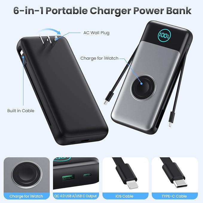 FOCHEW Portable Charger for iPhone with Built-in Cables and AC Wall Plug,26800mah Fast Charging USB C Power Bank,25W PD Travel Essential Battery Pack for iPhone 17/16/15/14/13/12,Galaxy,Apple Watch