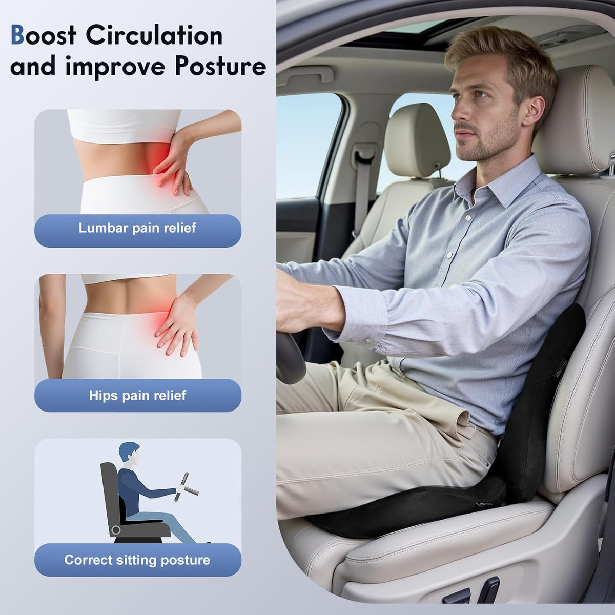 Coverado Memory Foam Car Seat Cushion and Lumbar Support Pillow for Car, Ergonomic Office Chair Cushion for Lower Back Pain Relief, Breathable & Non-Slip for Car, Home, and Office Use, Black