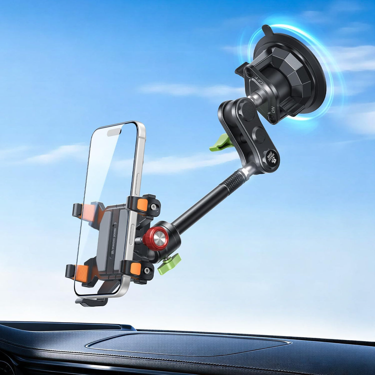 MAGIC JOHN Metal Car Phone Holder 360° Rotation Suction Mount Windshield