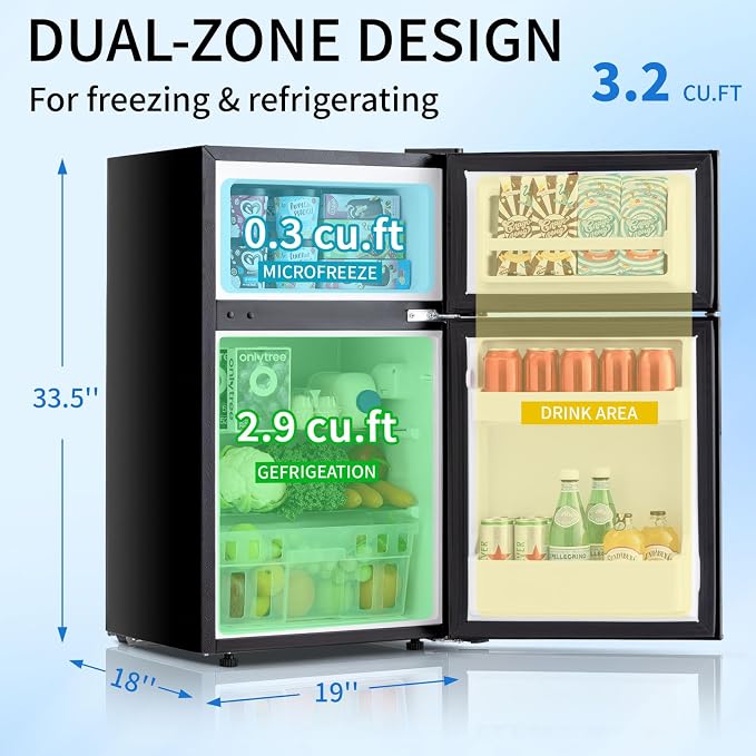 DOGHLY 3.2 Cu.Ft Mini Fridge with Freezer, Double Door Small Refrigerator | Compact Refrigerator with 3 Adjustable Thermostat, Removable Shelf, Low Noise, Small Fridge for Bedroom, Office, Dorm, Black