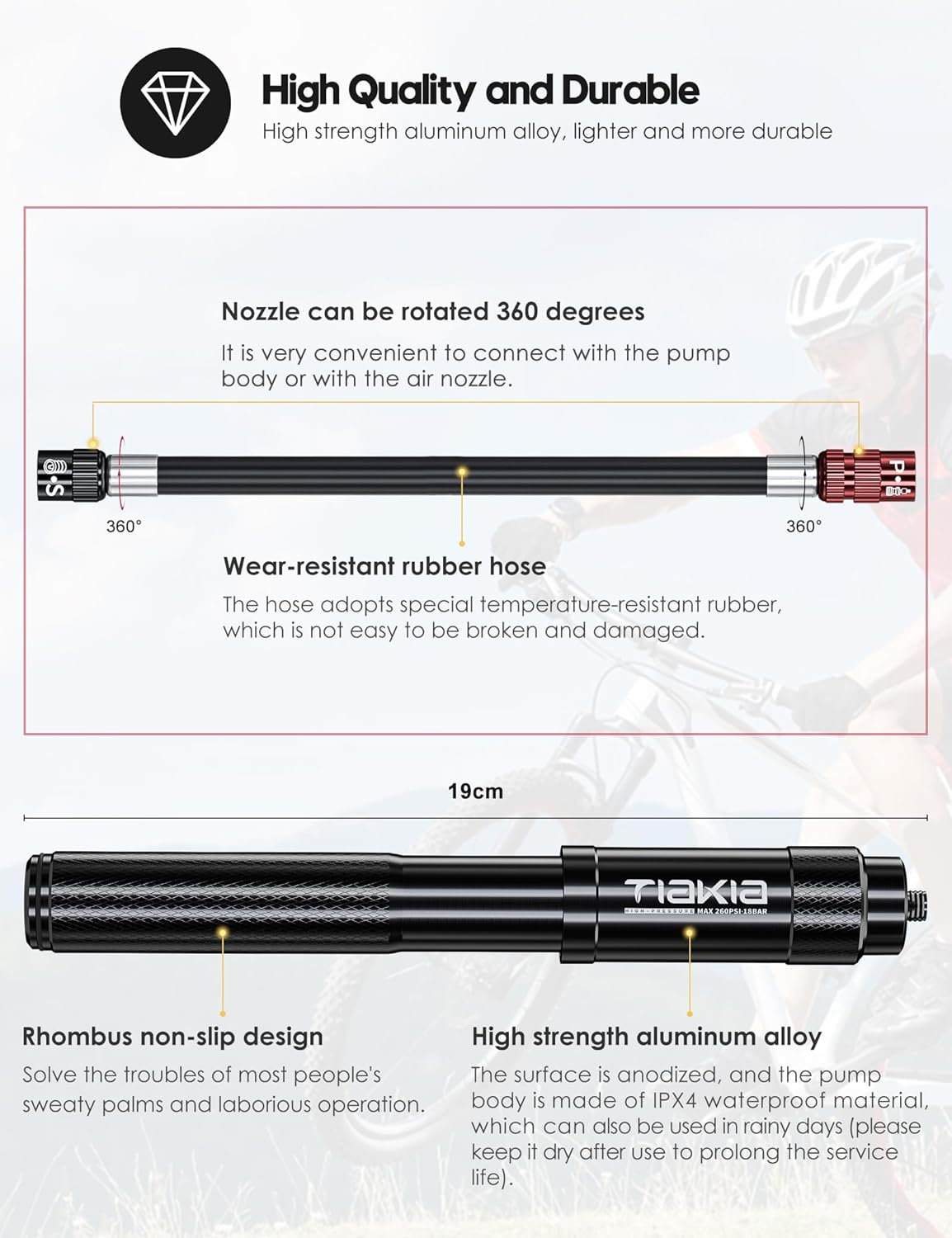 Tiakia Mini Bike Pump - Portable 260PSI High-Pressure Air Hand Pump for Presta & Schrader Valves | Aluminum Alloy Tire Pump for Road & Mountain Bikes